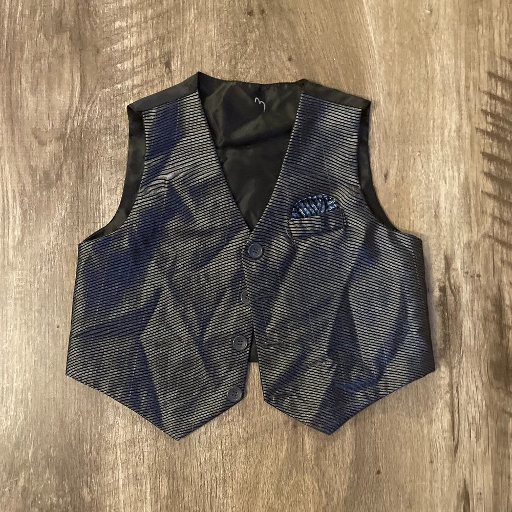 black silver pinstripe shimmer vest with blue accent handkerchief